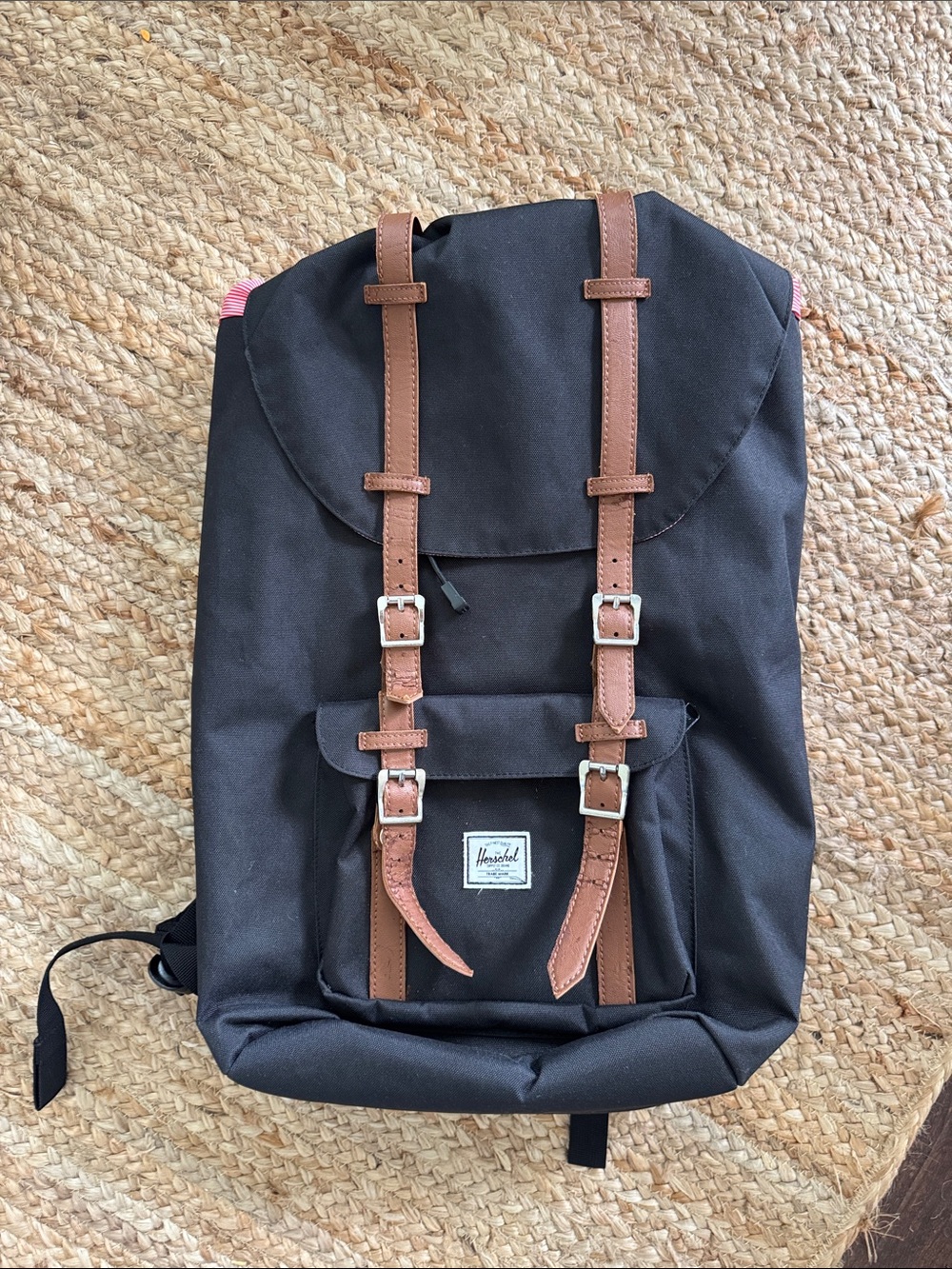 Herschel Supply Company Black Backpack with Brown Straps and Silver Buckles
